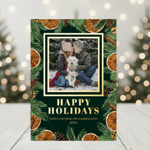 Dried Orange Watercolor Pine Happy Holidays Gold