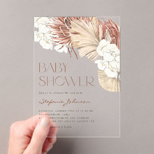 Dried Palm and White Orchid Boho Baby Shower Acrylic Invitations