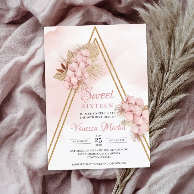 Dried Palm Blush Orchid Gold Arch Sweet Sixteen Invitation (Dried Palm Blush Orchid Gold Arch Sweet Sixteen Invitation)