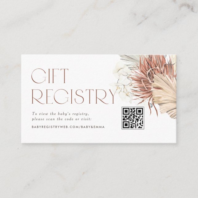 Dried Palm Boho QR Code Baby Shower Registry Enclosure Card (Front)