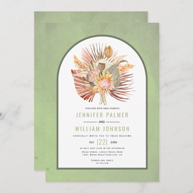 Dried palm leaves, pampas grass sage green wedding invitation (Front/Back)