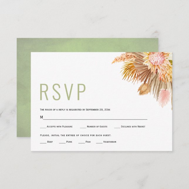 Dried palm leaves, pampas grass sage green wedding RSVP card (Front/Back)