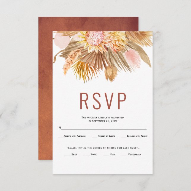 Dried palm leaves pampas grass terracotta wedding RSVP card (Front/Back)