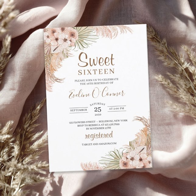Dried Palm Leaves Pampas Pink Orchid Sweet Sixteen Invitation (Dried Palm Leaves Pampas Pink Orchid Sweet Sixteen Invitation)