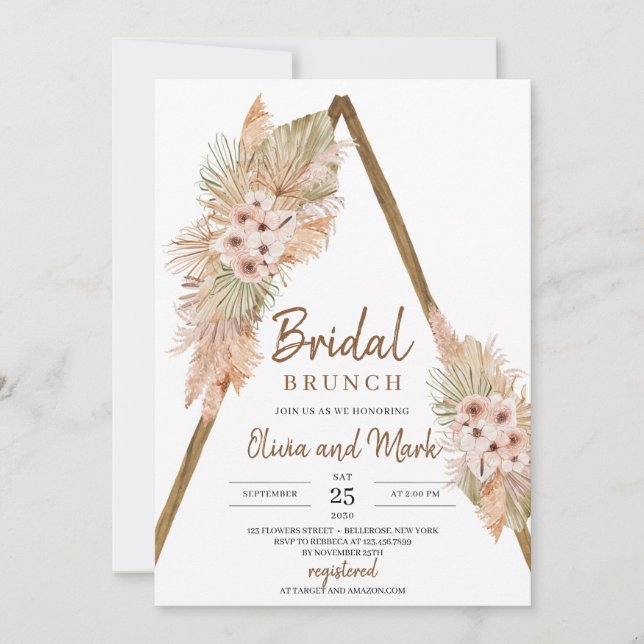 Dried Palm Leaves Wooden Arch Pampas Grass Bridal  Invitation (Front)
