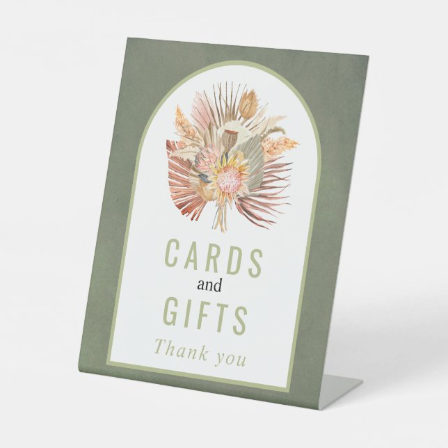 Dried palm, pampas grass sage green wedding pedestal sign (Front)