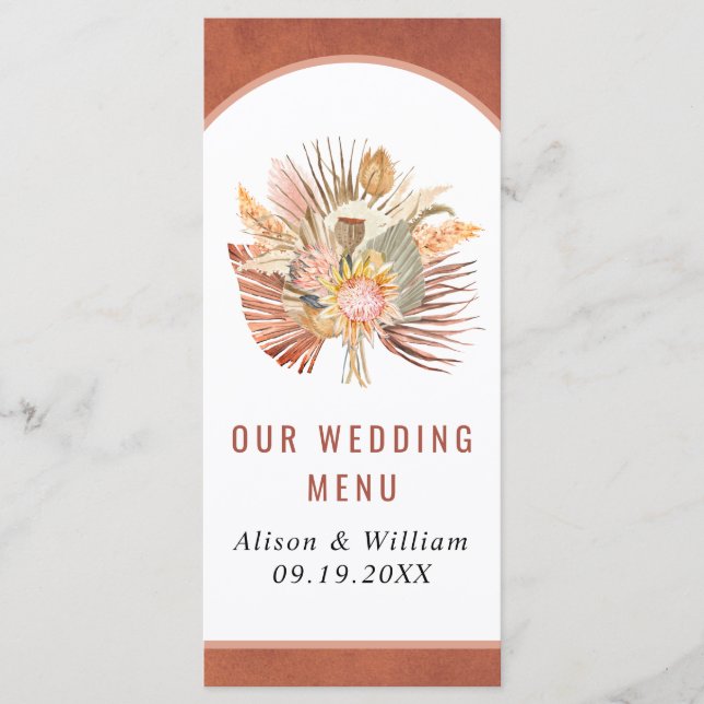 Dried palm pampas grass terracotta wedding menu (Front)