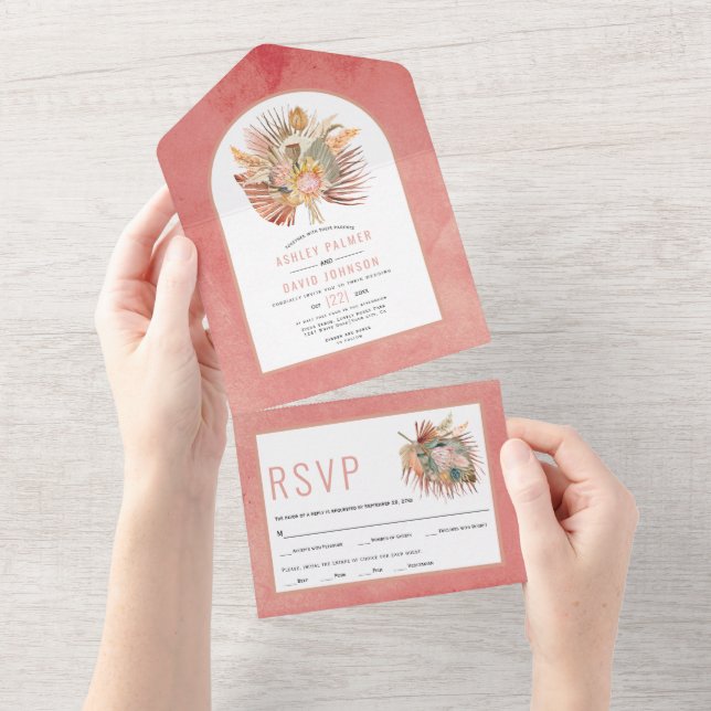 Dried palms and pampas grass pink wedding   all in all in one invitation (Tearaway)