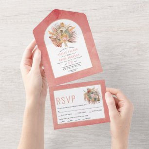 Dried palms and pampas grass pink wedding all in one invitation