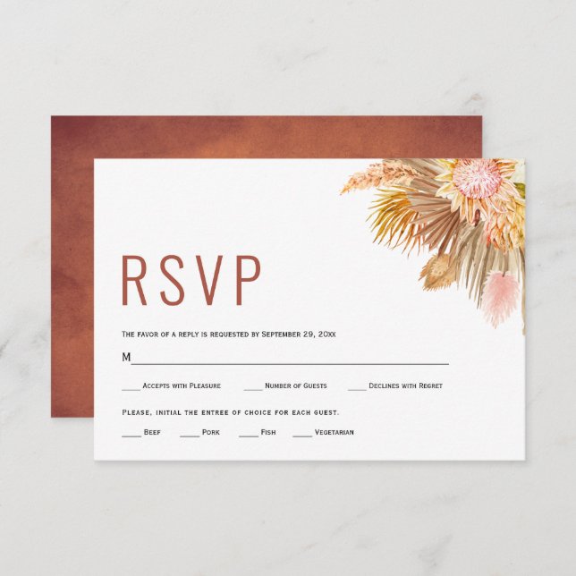 Dried palms and pampas grass terracotta wedding RSVP card (Front/Back)