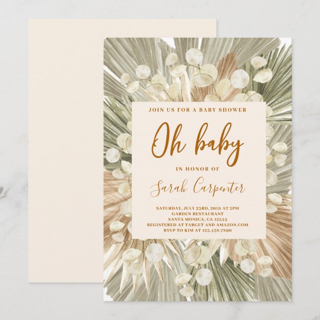 Dried palms lunaria Baby shower girl invitation (Front/Back)