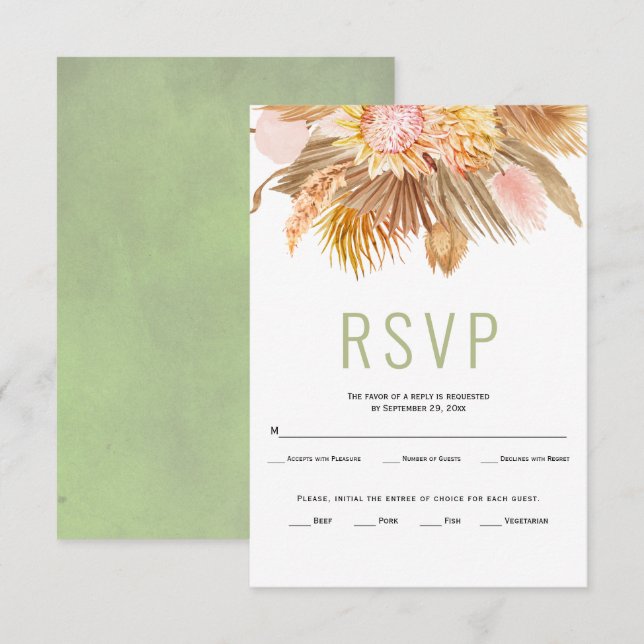 Dried palms, pampas grass sage green wedding RSVP Card (Front/Back)