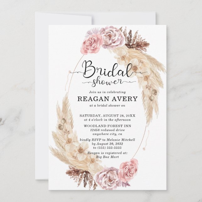 Dried Pampas Grass Floral Bridal Shower Invitation (Front)