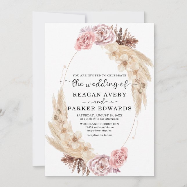 Dried Pampas Grass Rose and Purple Wedding Invitation (Front)