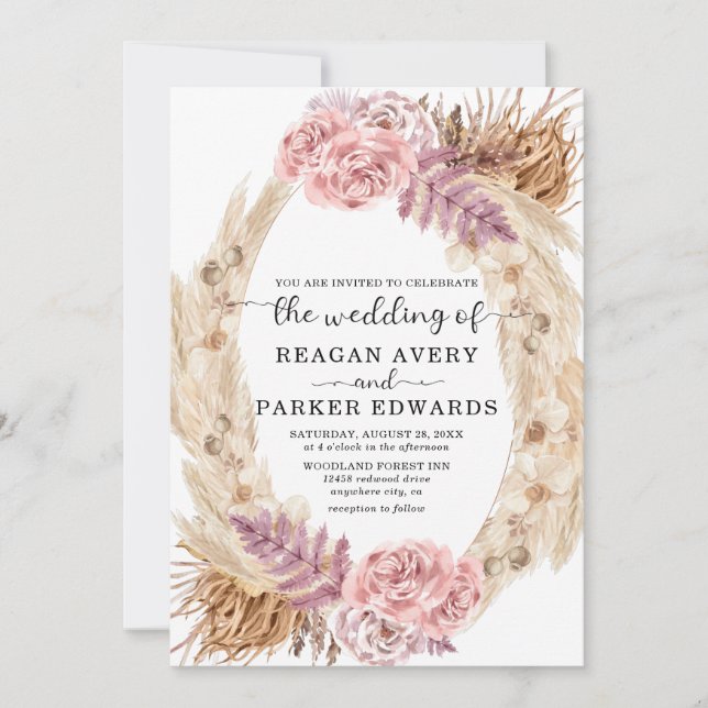 Dried Pampas Grass Rose Purple Floral Wedding Invitation (Front)