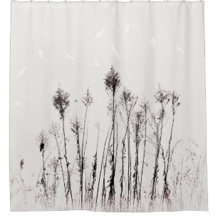 Dried Plants White Birds Minimalist Nature Shower Curtain