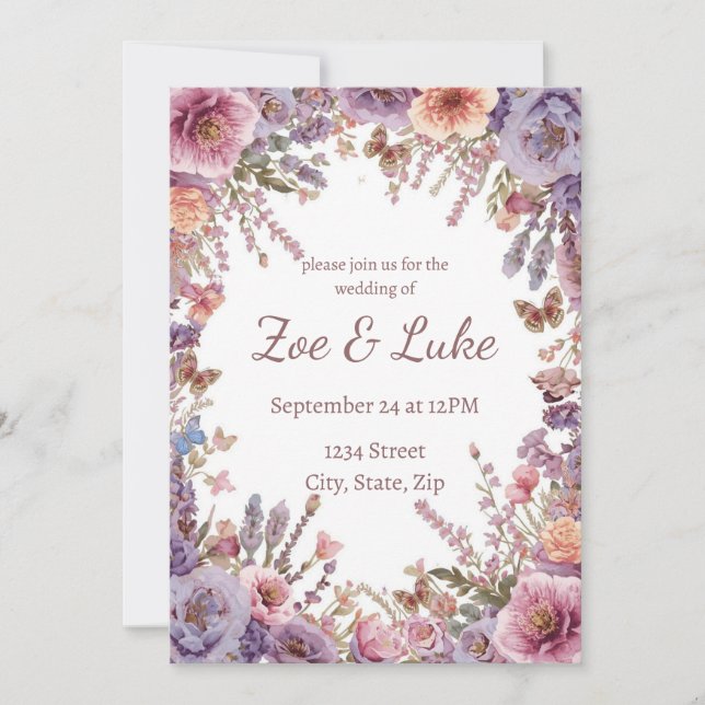 Dried Pressed Pink Lavender Wildflower Wedding Invitation (Front)