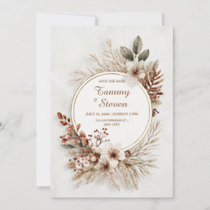 Dried Tan Foliage Earthy Gold Circle Wedding Invitation