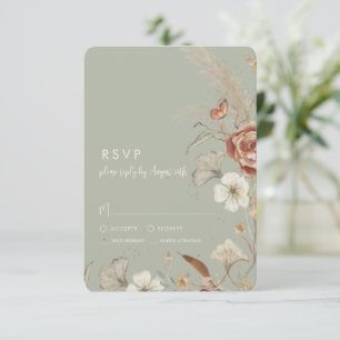 Dried Wildflower Floral BOHO Sage Green Wedding RSVP Card