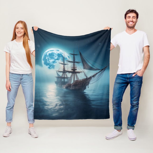 Drifting Ghost Ship Under Full Moon Fleece Blanket (In Situ)