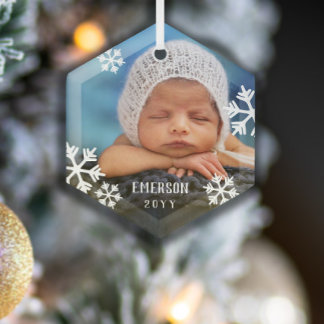 Drifting Snowflakes Baby Photo Add Name & Year Glass Tree Decoration