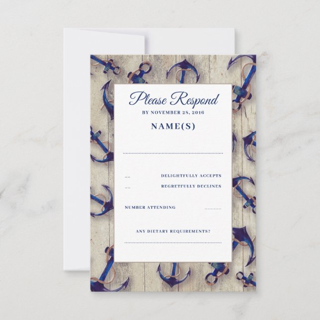 Driftwood and Navy Blue Anchors Wedding RSVP Cards (Front)