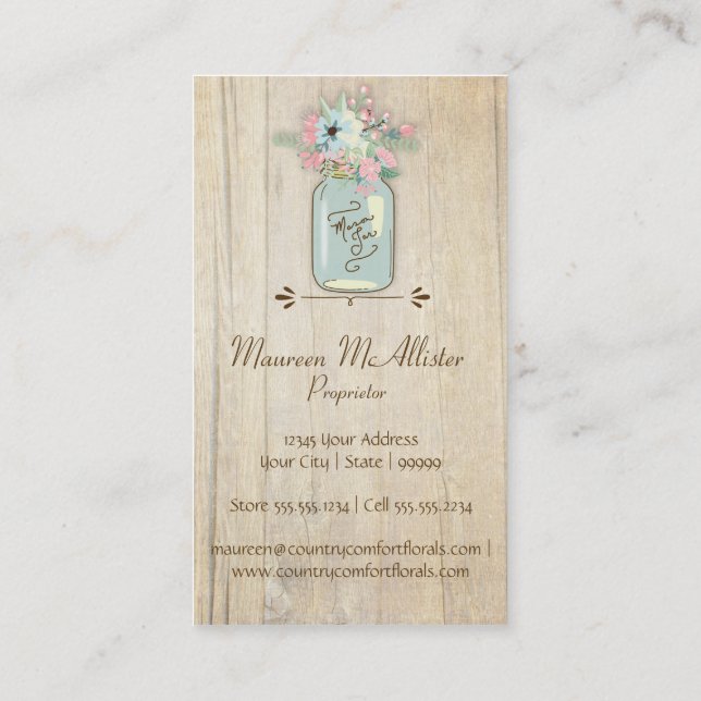 Driftwood Barn Wood Rustic Mason Jar Garden Floral Business Card (Back)