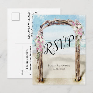 Driftwood Beach Arbor with Roses Wedding RSVP Postcard