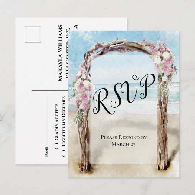 Driftwood Beach Arbor with Roses Wedding RSVP Postcard (Front/Back)