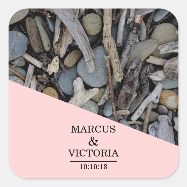 Driftwood beach wedding square sticker (Front)