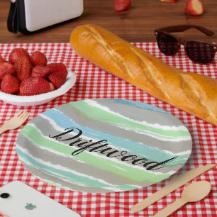 Driftwood Grey Blue Green Stripes Watercolor Paper Plate