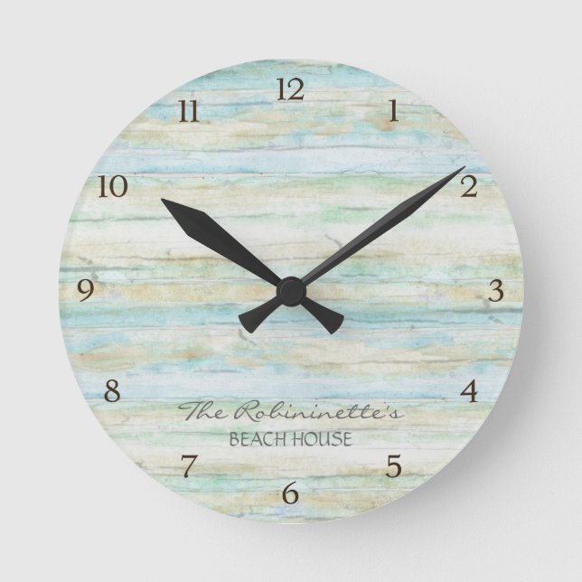 Driftwood Ocean Beach House Coastal Seashore Round Clock (Front)