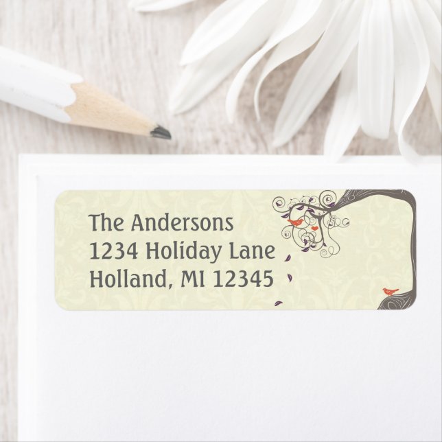 Driftwood Tree Orange Love Bird Return Address (Insitu)