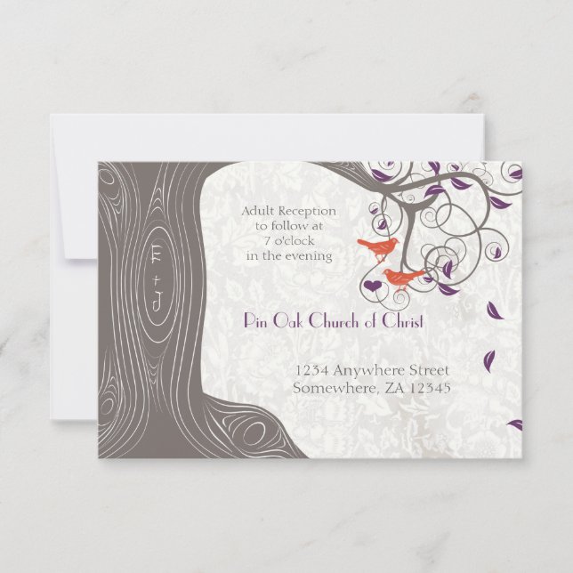 Driftwood Tree Tangerine Birds Purple Leaf Wedding Invitation (Front)