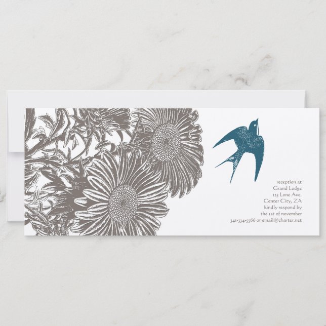 Driftwood Vintage Flower and Teal Bird Wedding Invitation (Front)