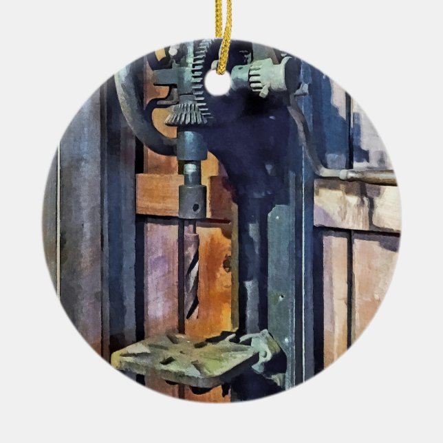 Drill Press in Shop Ceramic Tree Decoration (Front)