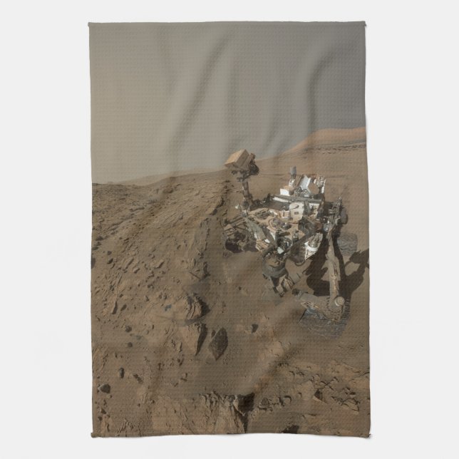 Drilling Mars Curiosity Red Martian Landscape Tea Towel (Vertical)