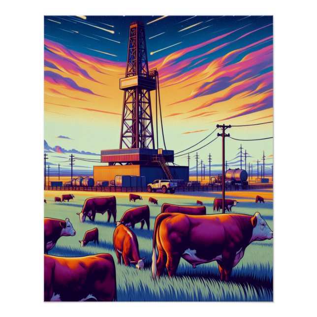 Drilling Rig and Herford Cattle at Sunset Poster (Front)