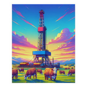 Drilling Rig and Herford Cattle Poster