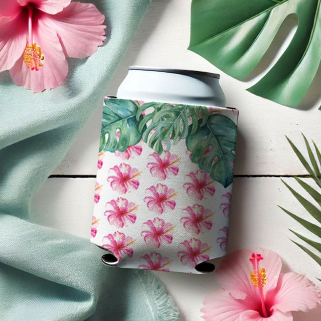 Drink Can Coolers Tropical Pink Flowers (Can cooler tropical pink hibiscus flowers and monstera palm leaf watercolor art Victoria Grigaliunas)