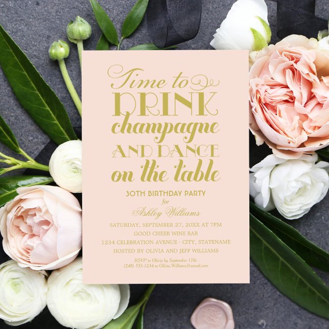 Drink Champagne Dance Blush Pink Gold Invitation (Creator Uploaded)