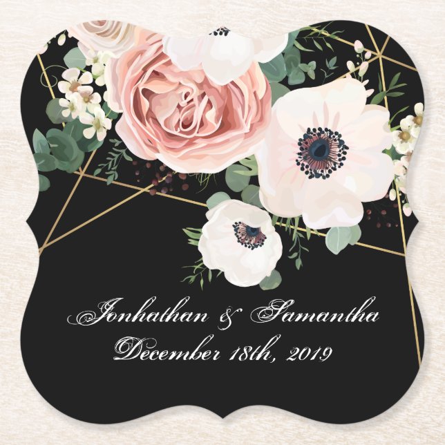 Drink Coasters Geometric Garden Rose Black (Front)