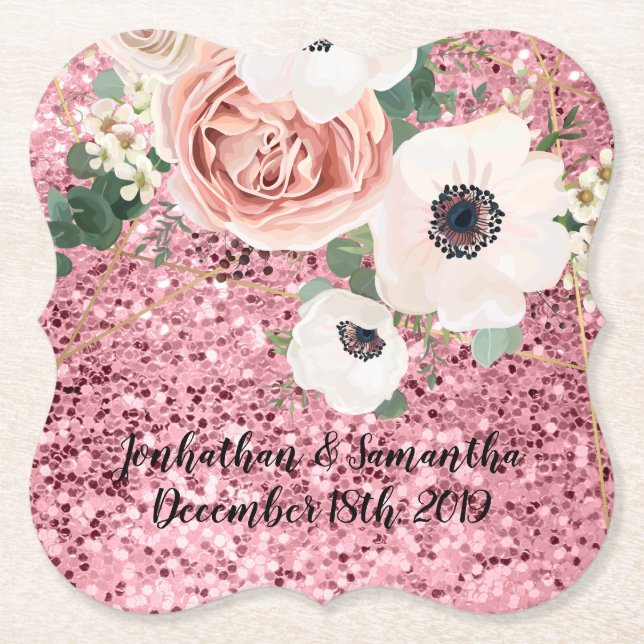 Drink Coasters Geometric Garden Rose Gold Glitter (Front)