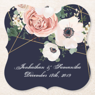 Drink Coasters Geometric Garden Rose Navy Blue