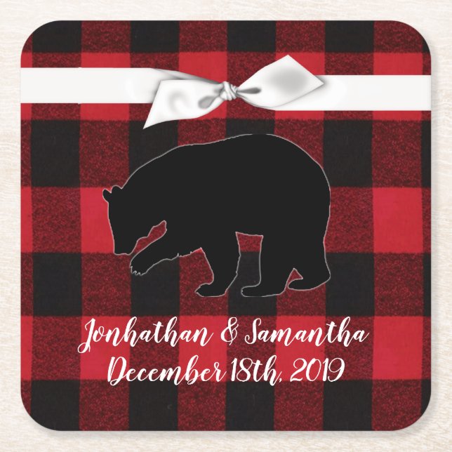 Drink Coasters Red Buffalo Plaid Bear Black (Front)