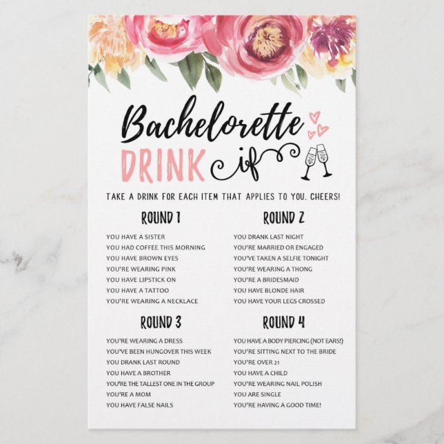 DRINK IF Bachelorette or Hen Party game (Front)
