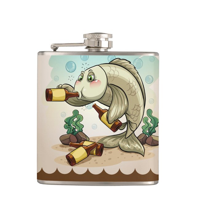 Drink Like a Fish Hip Flask (A cartoonish, light-colored fish with green eyes and rosy cheeks is drinking from a brown bottle.)