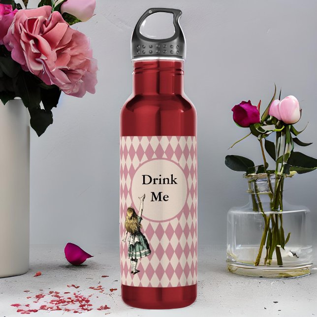 Drink Me Alice in Wonderland Green Mauve Chequered 710 Ml Water Bottle (Creator Uploaded)