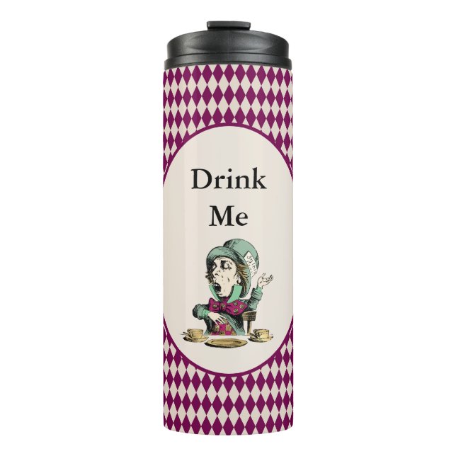Drink Me Mad Hatter Alice in Wonderland Magenta Thermal Tumbler (Front)
