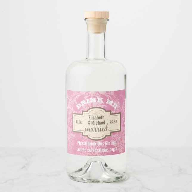 DRINK ME Pink Gin Celebrations Wedding Bottle Gift Liquor Bottle Label (Front)
